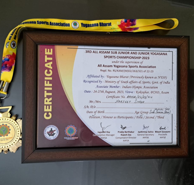 Harjeet Singh of class 7 won GOLD in traditional #Yogasana in the 3rd All Assam Sub Junior and Junior Yogasana Sports Championship, 2023 held under the supervision of  All Assam Yogasana Sports Championship at Kokrajhar.